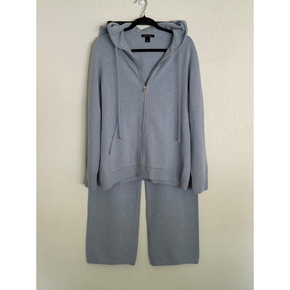 St. John Light Blue Knit Lounge Set Zip Hoodie Large wide leg Pants Medium